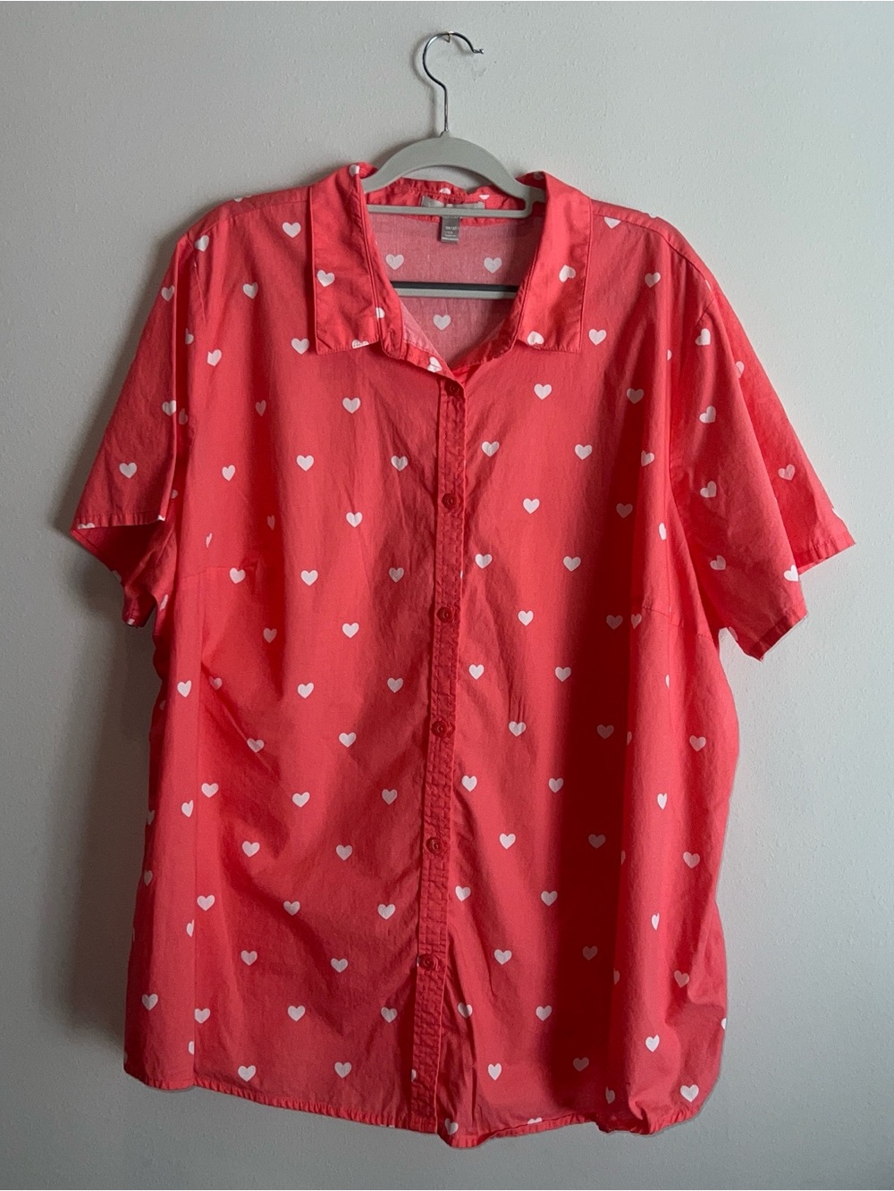 Woman Within Women's Coral/Pink Heart Print Short Sleeve Cotton Button Down 3X